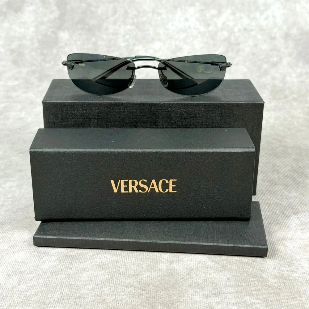 Versace MOD 2279 Black Rimless Sunglasses Grey Lens Italy 60 18 135 NEW